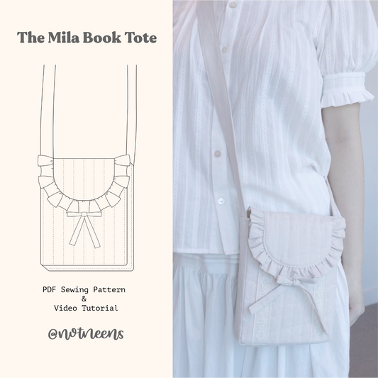 Mila Book Tote sewing pattern with a photo of the finished product featured on the right.