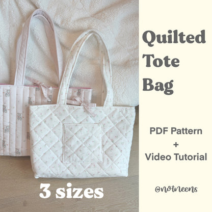 Quilted tote bag with text about a PDF pattern and video tutorial for three sizes.