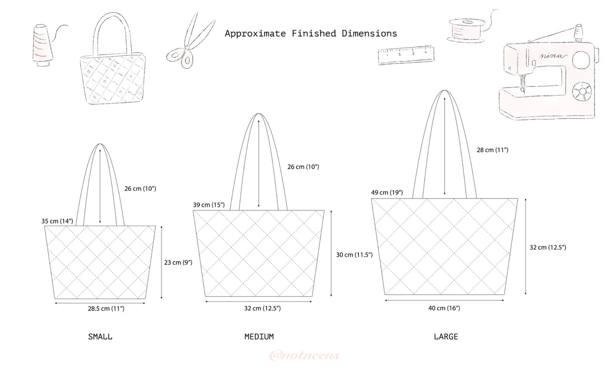Technical drawing of a handbag with dimensions labeled for small, medium, and large sizes.